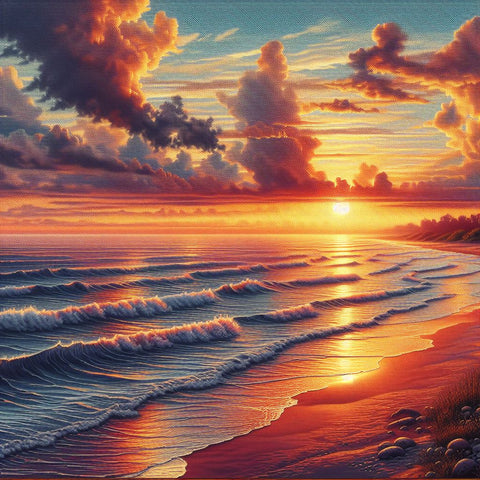 Image of Sparkling diamond art depicting a vibrant sunset over a calm ocean