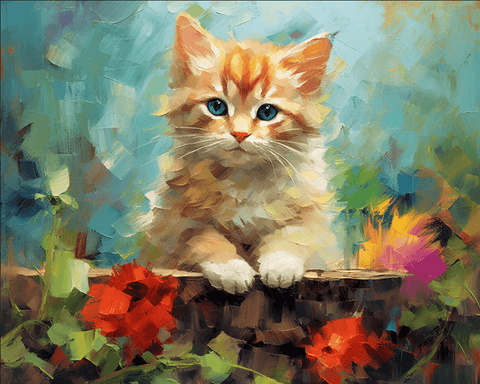 Image of Diamond painting of a cute tabby kitten curled up on a tree stump.