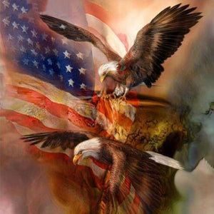 Two bald eagles flying majestically with the American flag in the background, diamond painting kit.