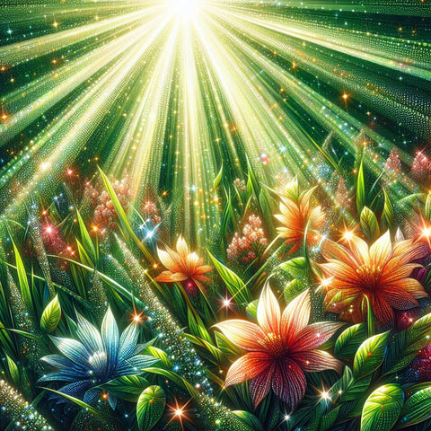 Image of Diamond painting of a field of colorful wildflowers basking in warm sunlight.