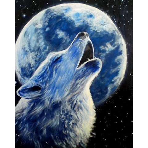 Image of Diamond painting of a solitary wolf howls beneath a luminous full moon