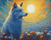 Diamond painting of a wolf standing in a field of colorful wildflowers.