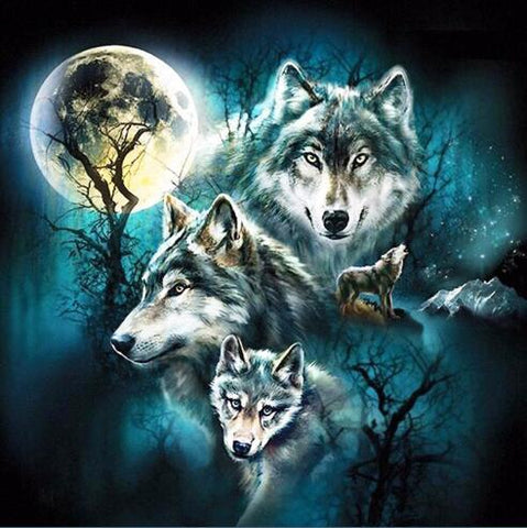 Image of black and white wolves surveying a tranquil night scene with full moon and a starry sky.