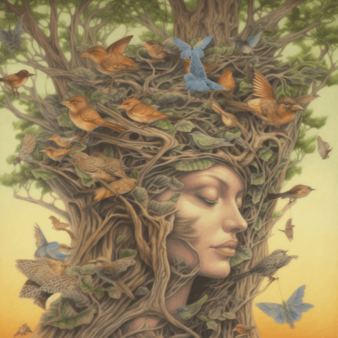Image of diamond painting of a woman with a tree-like head and birds