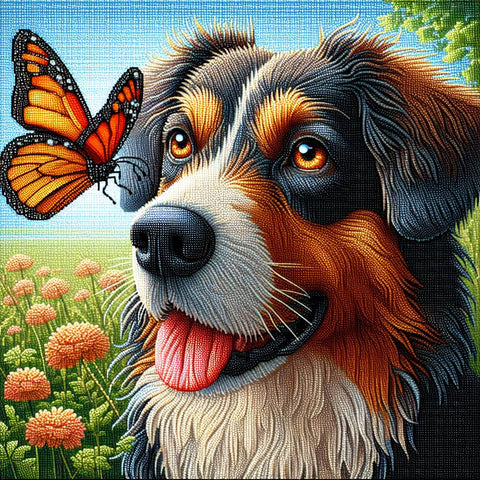 Image of Diamond painting of a dog with butterfly