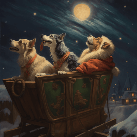 Image of Diamond painting of three dogs sitting in a sleigh, waiting for Santa Claus on a snowy night