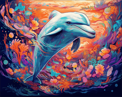 Image of Diamond painting of a dolphin beneath crashing ocean waves.