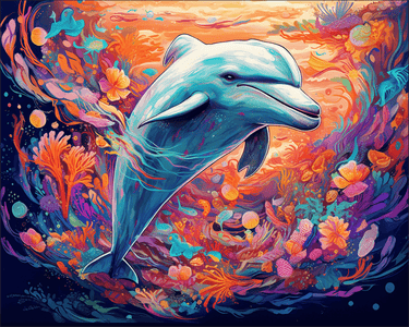 Diamond painting of a dolphin beneath crashing ocean waves.