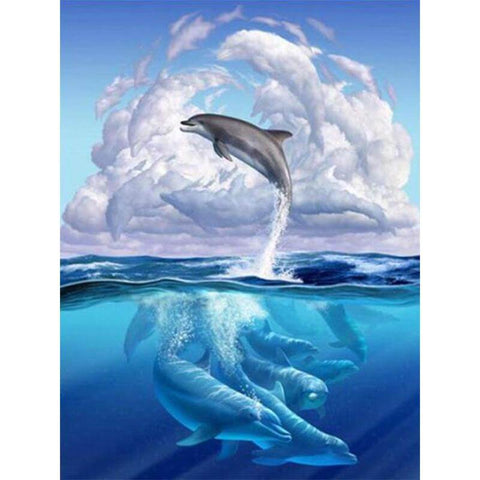 Image of Diamond painting of a playful dolphin leaping out of a sparkling ocean.