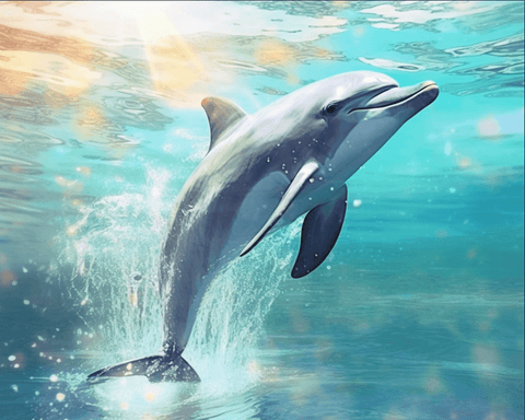 Image of Diamond painting of a dolphin leaping out of crashing ocean waves.