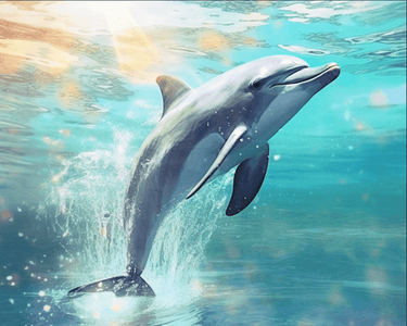 Diamond painting of a dolphin leaping out of crashing ocean waves.