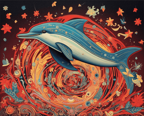 Image of Diamond painting of a dolphin with dazzling, colorful fins.