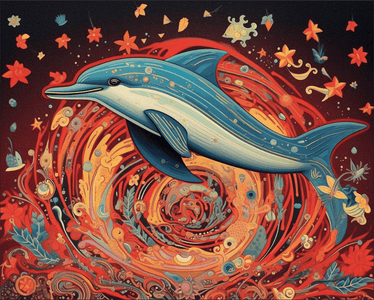Diamond painting of a dolphin with dazzling, colorful fins.