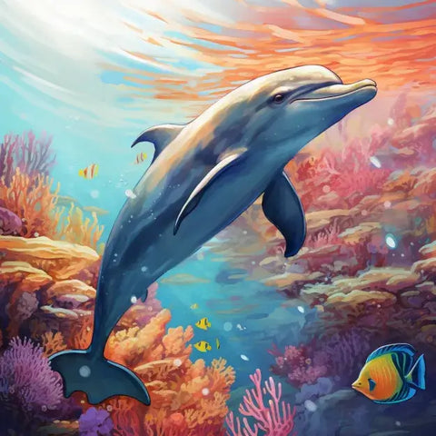 Image of Diamond painting of a playful dolphin leaping through a sparkling ocean.