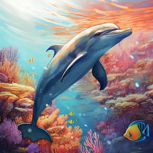 Diamond painting of a playful dolphin leaping through a sparkling ocean.
