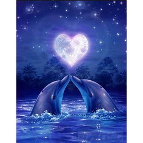 Image of Diamond painting of two dolphins in love, kissing under a heart-shaped moon.