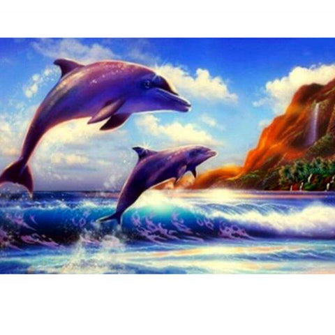 Image of Diamond painting of two dolphins jumping out of crashing ocean waves.