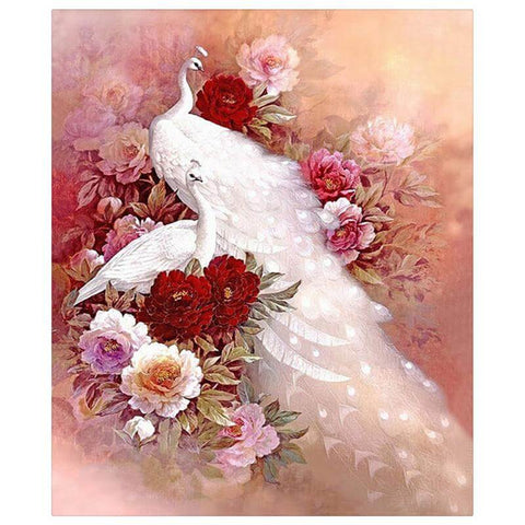 Image of Diamond painting of two elegant white peacocks with a beautiful floral background.