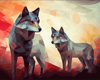 Diamond painting in expressionist style depicting two wolves.