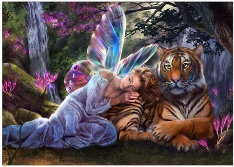 Image of Diamond painting featuring a mystical fairy and a Bengal tiger. 