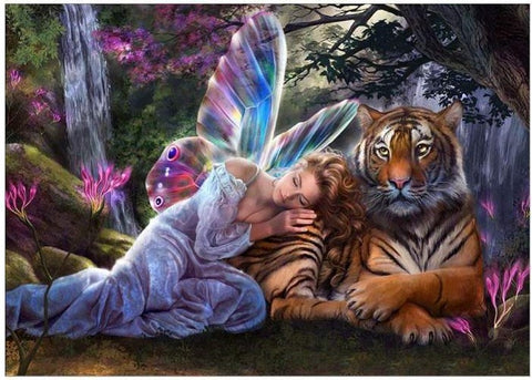 Image of Diamond painting featuring a mystical fairy and a Bengal tiger.