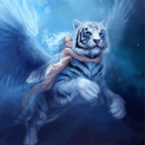Image of Diamond painting featuring a fairy hugging a soaring white tiger.