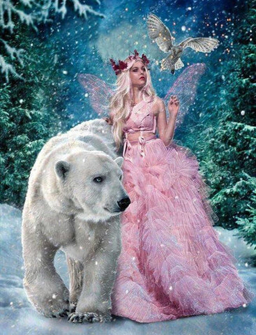 Image of Diamond painting featuring a fairy and a polar bear.