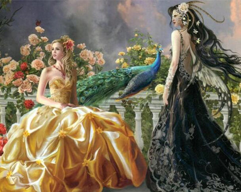 Image of Diamond painting of a fairy and princess on a balcony with a peacock and flowers.