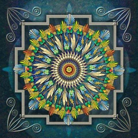 Image of Diamond painting mandala featuring colorful feathers.