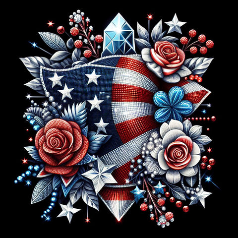 Image of Diamond painting of red, white, and blue flowers, a floral tribute to the USA.