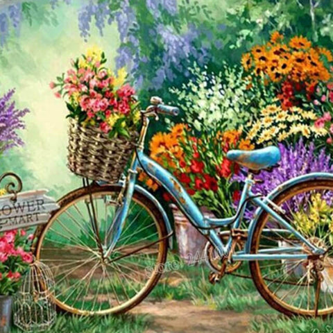 Image of Diamond painting of a charming bicycle overflowing with a basket of colorful flowers.