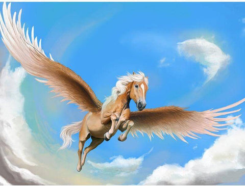 Image of Diamond painting of a Pegasus flying through a cloudy sky.