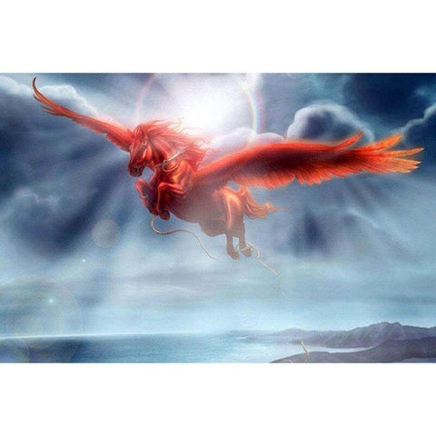 Image of Diamond painting of a red flying horse with wings soaring through a clear blue sky.