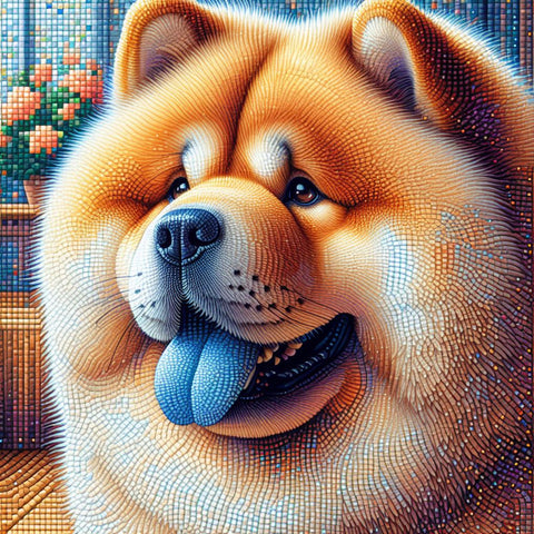 Image of Diamond painting of a fuzzy Chow Chow dog with a thick, fluffy coat.