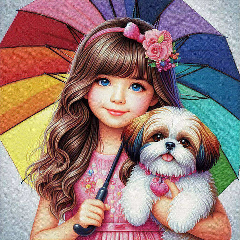 Image of Sparkling diamond painting featuring a girl holding a bright umbrella and her adorable puppy.