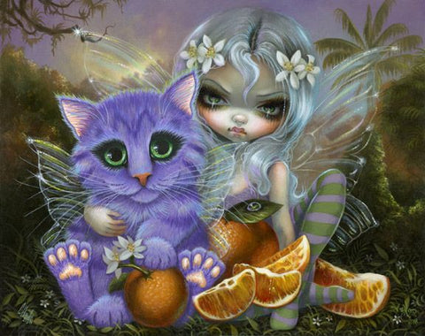 Image of Diamond painting depicting a girl cuddling a cat.