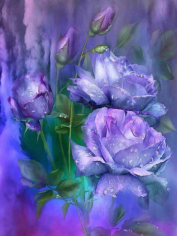 Image of Diamond painting of purple Iris flowers with a glowing effect.