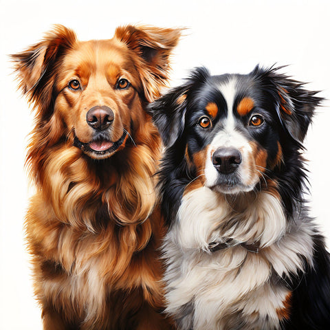 Image of Diamond painting portrait of Golden Retriever and Australian Shepherd dogs facing forward.