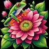 Diamond painting of a green frog perched on a beautiful pink water lily.