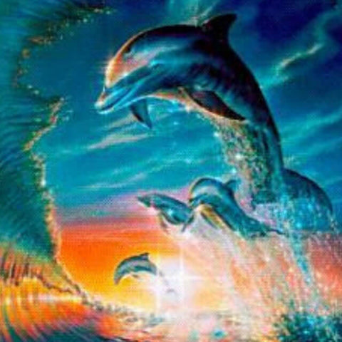 Image of Diamond painting of a group of dolphins leaping out of ocean waves. 