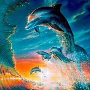 Diamond painting of a group of dolphins leaping out of ocean waves. 