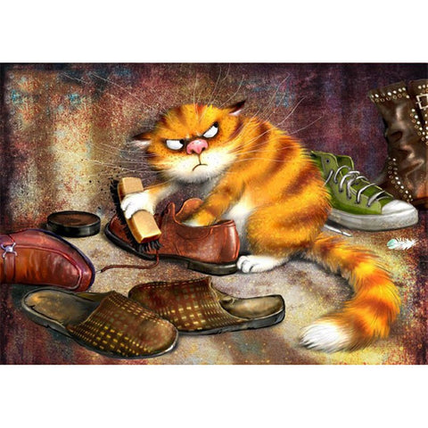 Image of Diamond painting of a grumpy cat cleaning a shoe with a brush, surrounded by other shoes and accessories.