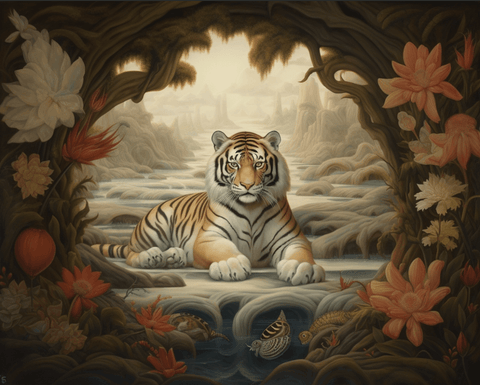 Image of Diamond painting of a majestic Bengal tiger in a fantastical jungle setting, with vibrant flowers and geometric shapes.