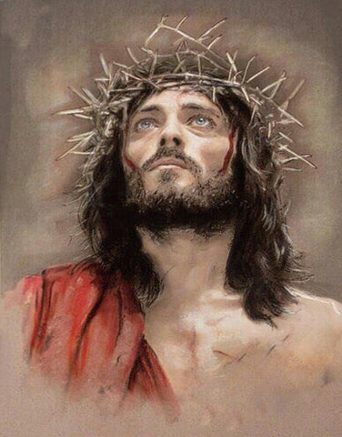 Image of Diamond painting depicting Jesus Christ wearing a crown of thorns, gazing upwards.