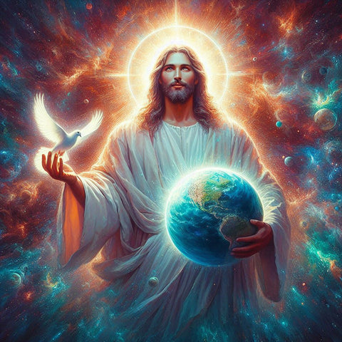 Image of Diamond painting of depiction of Jesus Christ holding the Earth in his hand, with a dove in the other.