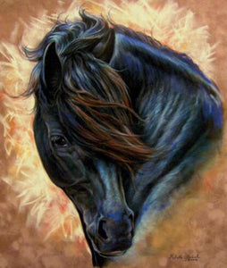 Diamond art depicting the head of a lucky black horse.