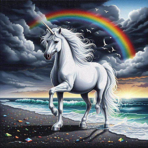 Image of enchanting image of a white unicorn standing on a beach with a rainbow in the sky
