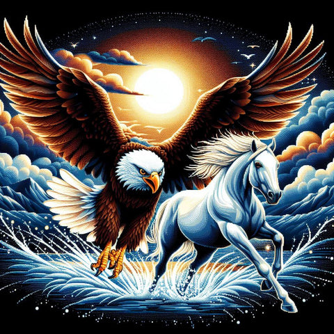 Image of Diamond painting featuring a bald eagle soaring in flight alongside a horse.
