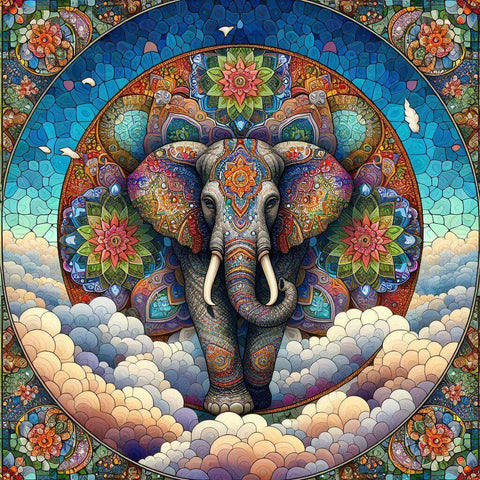 Image of Diamond painting of a colorful mandala elephant with intricate patterns.