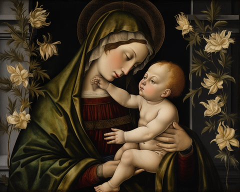 Image of Diamond painting of the Virgin Mary holding baby Jesus, surrounded by beautiful flowers